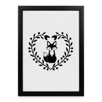 Renard mignon dans une couronne de feuilles - dessiné à la main - Affiche encadrée (27 × 37 cm) - noir - Devant