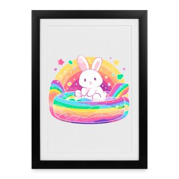 Le lapin de Kawaii dans l’arc-en-ciel - Affiche encadrée (27 × 37 cm) - noir - Devant