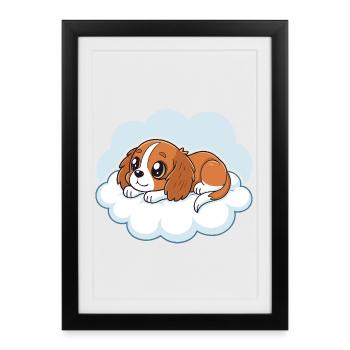 Chiot Cavalier King Charles rêveur sur un nuage - Affiche encadrée (27 × 37 cm) - noir - Devant