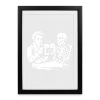 Soren Kierkegaard trinkt Bier mit Skelett - Gerahmtes Poster (27 × 37 cm) - Schwarz - Vorne