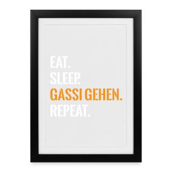 Hundefans Essen Schlafen Gassi Gehen Repeat - Gerahmtes Poster (27 × 37 cm) - Schwarz - Vorne