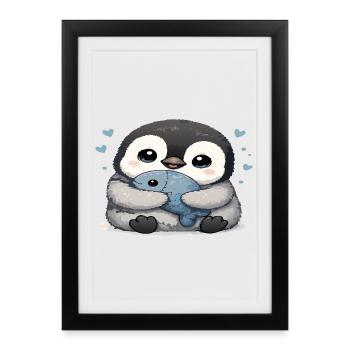 Pingouin câlin avec poisson - Affiche encadrée (27 × 37 cm) - noir - Devant