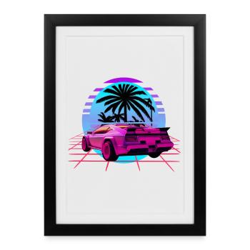 Retro Wave Sport Car Vaporwave Sunset - Affiche encadrée (27 × 37 cm) - noir - Devant