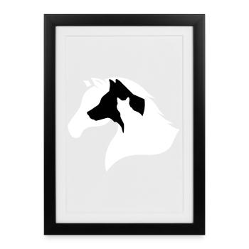 Silhouette De Cheval, Chien, Chat - Affiche encadrée (27 × 37 cm) - noir - Devant