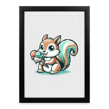 Écureuil de dessin animé mignon avec de la crème glacée - Affiche encadrée (27 × 37 cm) - noir - Devant