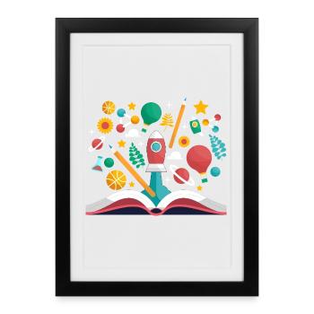 Open Book with School Objects, Learning and Educat - Framed poster (27 × 37 cm) - black - Front