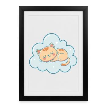 Chaton rêveur sur nuage bleu ciel pastel - Affiche encadrée (27 × 37 cm) - noir - Devant