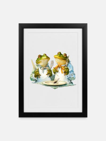 Froschköche am Tisch - Gerahmtes Poster (27 × 37 cm) - Schwarz