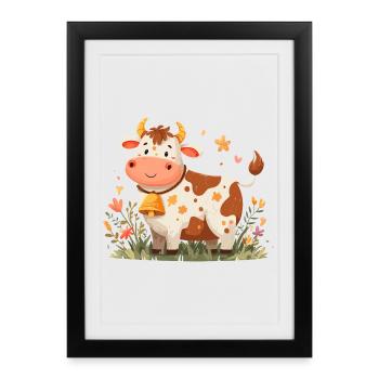 Vache avec clochette dans un champ de fleurs - Affiche encadrée (27 × 37 cm) - noir - Devant