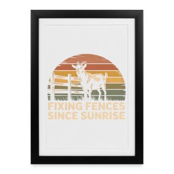 Réparation de clôture depuis le lever du soleil | Vie à la ferme - Affiche encadrée (27 × 37 cm) - noir - Devant