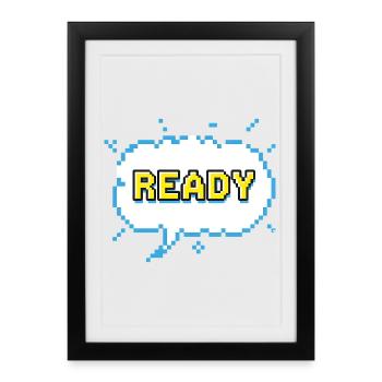 Lettrage READY dans un style pixel comic - Affiche encadrée (27 × 37 cm) - noir - Devant