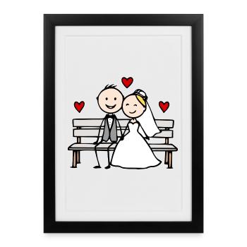 Caricature du couple de mariés sur le banc - Affiche encadrée (27 × 37 cm) - noir - Devant