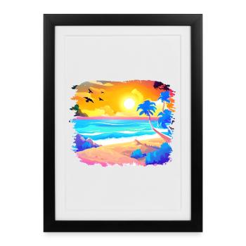 Aquarelle de plage de coucher de soleil d’été - Affiche encadrée (27 × 37 cm) - noir - Devant