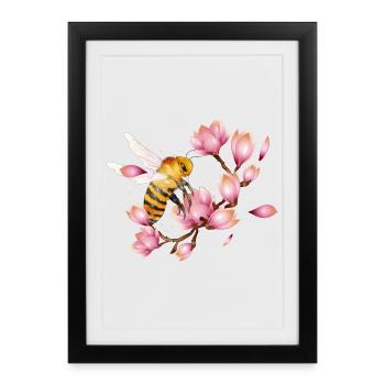 abeille volante avec des magnolias dessinés à la main - Affiche encadrée (27 × 37 cm) - noir - Devant