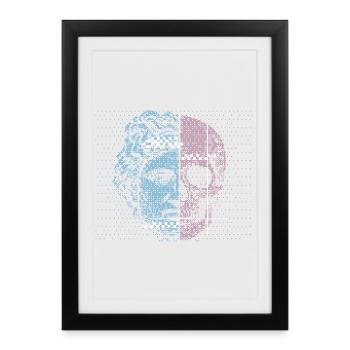 Conception artistique de crâne de visage antique numériquement divisé - Affiche encadrée (27 × 37 cm) - noir - Devant