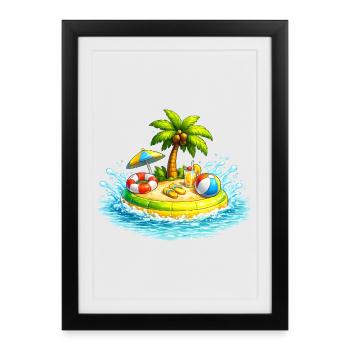 Small island in the sea with palm tree & beach accessories - Framed poster (27 × 37 cm) - black - Front