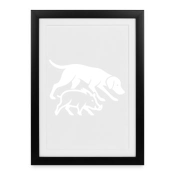 Chien de chasse et sanglier silhouette minimale – Extérieur - Affiche encadrée (27 × 37 cm) - noir - Devant