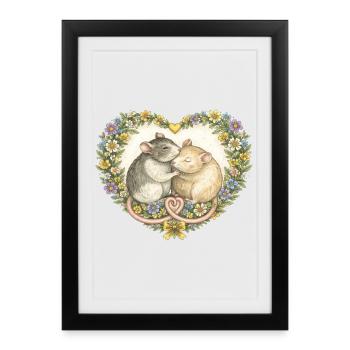 Floral Heart Mice Kiss - Framed poster (27 × 37 cm) - black - Front