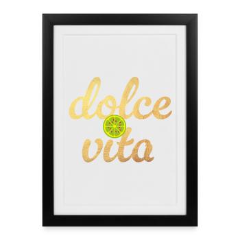 Dolce Vita Limette Gold Zitrone Italien Deko Quote - Gerahmtes Poster (27 × 37 cm) - Schwarz - Vorne