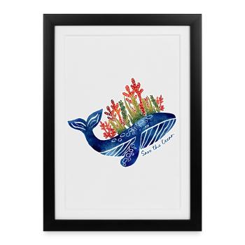 Illustration de baleine avec du corail | Protéger la mer - Affiche encadrée (27 × 37 cm) - noir - Devant