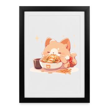 Chaton chaton Drôle spaghetti manger de l’humour gras - Affiche encadrée (27 × 37 cm) - noir - Devant