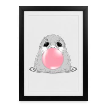 Sceau avec chewing-gum – Motif animalier amusant - Affiche encadrée (27 × 37 cm) - noir - Devant