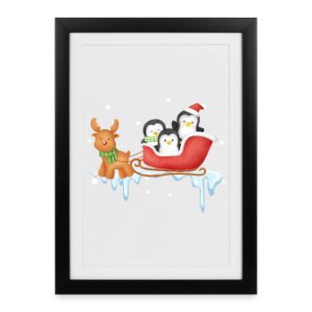 Penguin Sleigh Ride in Winter Wonderland - Framed poster (27 × 37 cm) - black - Front