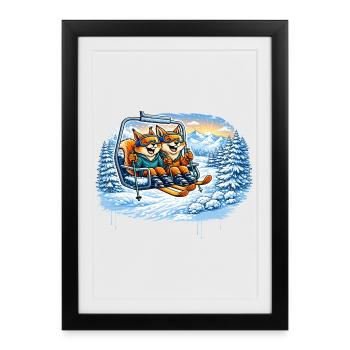 Écureuil et Renard dans le téléski – Divertissements d’hiver - Affiche encadrée (27 × 37 cm) - noir - Devant