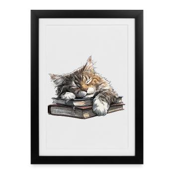 Cute Cat Sleeping on Book Pile - Framed poster (27 × 37 cm) - black - Front
