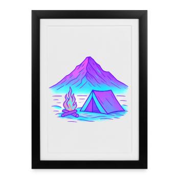 Camping au néon au lac de la montagne - Affiche encadrée (27 × 37 cm) - noir - Devant