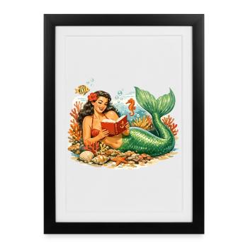 Retro Mermaid Pin-up in Coral Reef Reading - Framed poster (27 × 37 cm) - black - Front