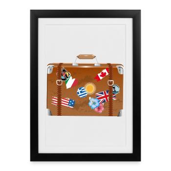 vieille valise de voyage avec des autocollants de divers pays - Affiche encadrée (27 × 37 cm) - noir - Devant