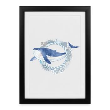 poisson baleine bleue dans le récif corallien dans le style aquarelle - Affiche encadrée (27 × 37 cm) - noir - Devant