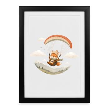 Un renard mignon avec du parapente au-dessus des montagnes - Affiche encadrée (27 × 37 cm) - noir - Devant