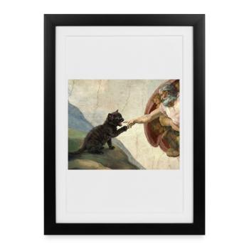 Chat gifle la main de Dieu Mème des chats drôles - Affiche encadrée (27 × 37 cm) - noir - Devant