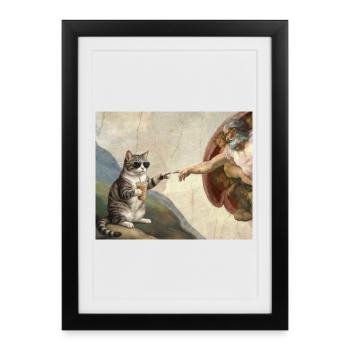 Chat gifle la main de Dieu Mème des chats drôles - Affiche encadrée (27 × 37 cm) - noir - Devant