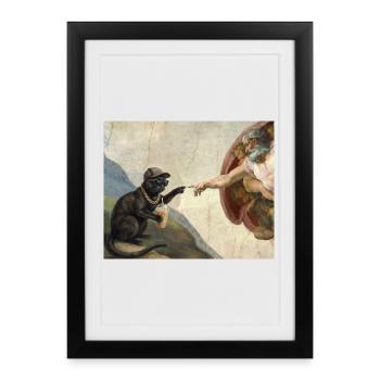 Chat gifle la main de Dieu Mème des chats drôles - Affiche encadrée (27 × 37 cm) - noir - Devant