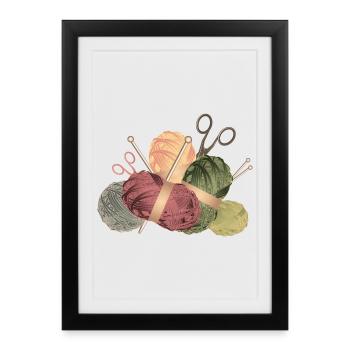 Balls of wool & knitting needles with scissors - Framed poster (27 × 37 cm) - black - Front