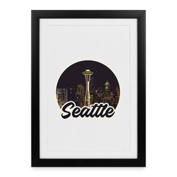 Aiguille spatiale du logo de la Skyline de la Nuit de Seattle - Affiche encadrée (27 × 37 cm) - noir - Devant