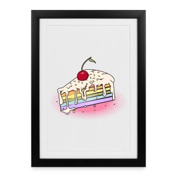 Morceau de gâteau arc-en-ciel avec cerise dans le style bande dessinée - Affiche encadrée (27 × 37 cm) - noir - Devant