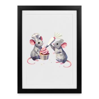 Two cute mice decorating a cupcake together - Framed poster (27 × 37 cm) - black - Front