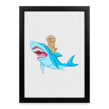 Ludique Golden Doodle Puppy Rides Shark Design - Affiche encadrée (27 × 37 cm) - noir - Devant