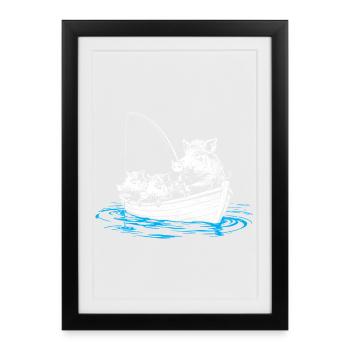 Sangliers sauvages sur poisson – illustration de sangliers sauvages dans un bateau - Affiche encadrée (27 × 37 cm) - noir - Devant