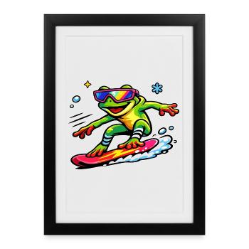Grenouille surfeuse avec des lunettes de soleil néon - Affiche encadrée (27 × 37 cm) - noir - Devant
