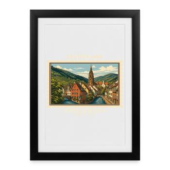 Deutschland Freiburg im Breisgau Vintage Reisemark - Gerahmtes Poster (27 × 37 cm) - Schwarz - Vorne