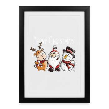 Père Noël, renne et bonhomme de neige - Affiche encadrée (27 × 37 cm) - noir - Devant