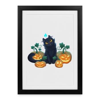 Chaton Noir mignon et Citrouilles Halloween - Affiche encadrée (27 × 37 cm) - noir - Devant