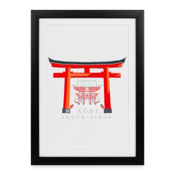 Kobe, Japon, Torii Shrine Ikuta-jinja, dessin - Affiche encadrée (27 × 37 cm) - noir - Devant