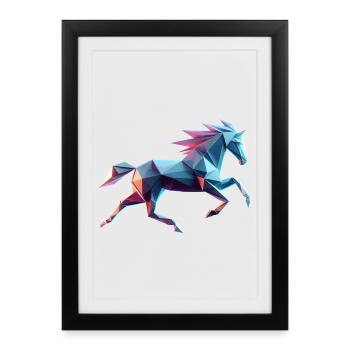 cheval au galop origami géométrique 3d neon - Affiche encadrée (27 × 37 cm) - noir - Devant