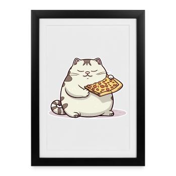 Le gros chat blanc aime sa pizza plus que tout - Affiche encadrée (27 × 37 cm) - noir - Devant